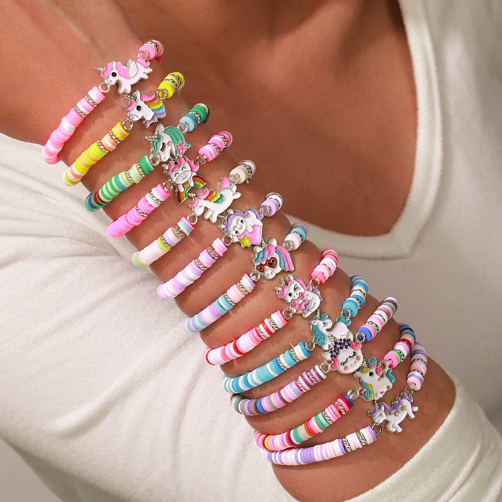 Unisex Handmade Multilayer Stacked Dripping Rainbow Unicorn Cartoon Soft Polymer Clay Bracelet With Animal Zodiac Design - Image 4