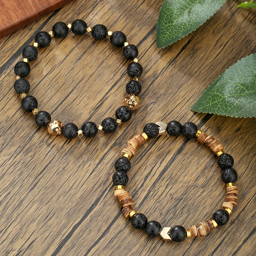 Unisex Handmade Natural Semiprecious Stone And Wood Bead Bracelet With Geometric Style - Image 3