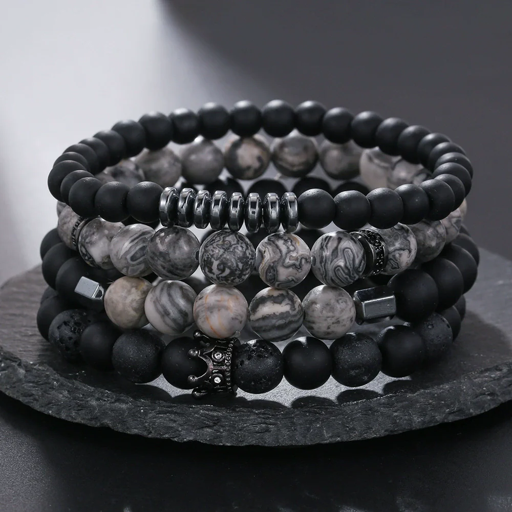 Unisex Hip Hop Stone Copper Inlaid Geometric Handmade Bracelet 4 Pieces Set