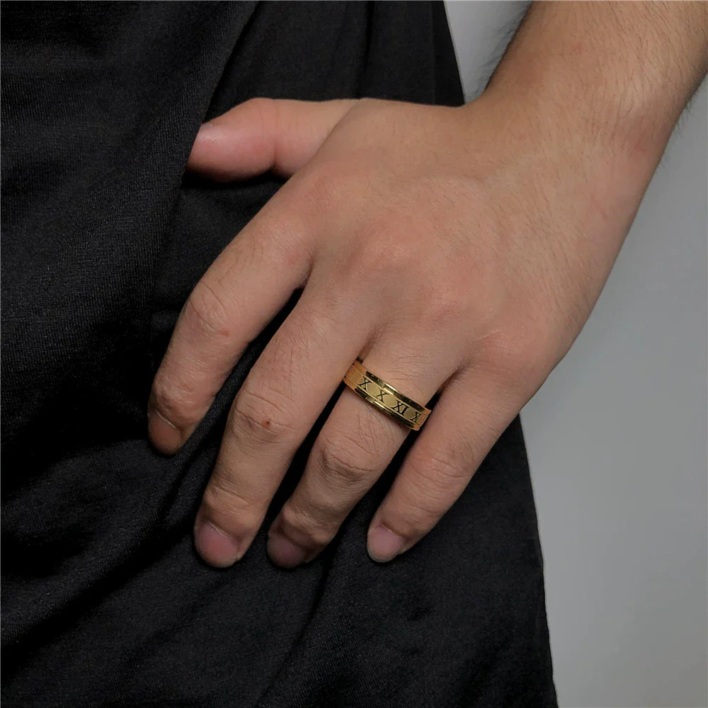 Unisex Hiphop Punk Stainless Steel Geometric Ring With Roman Numerals Electroplated - Image 4
