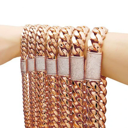 Unisex Jewelry Stainless Steel Cuban Chain Necklace With Geometric Pattern And Rose Gold Finish And Micropaved Zircon Diamond Buckle