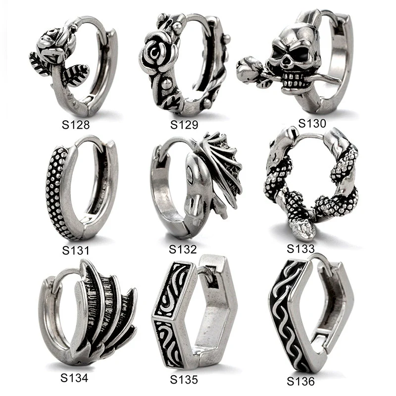 Unisex Piercing Earrings Stainless Steel Cast Rose Skull Snake With Flowers And Polishing Style