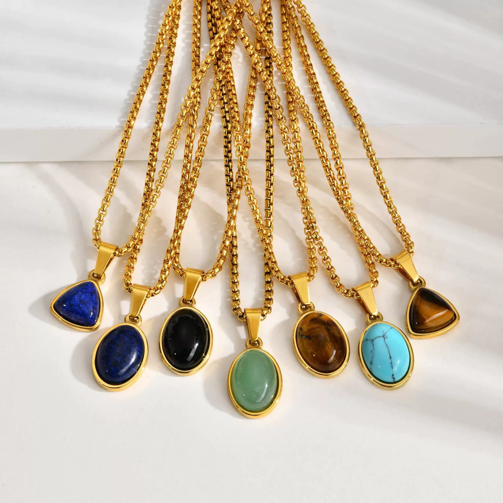 Unisex Retro Fashion Jewelry Stainless Steel Geometric Oval Natural Stone Pendant Necklace