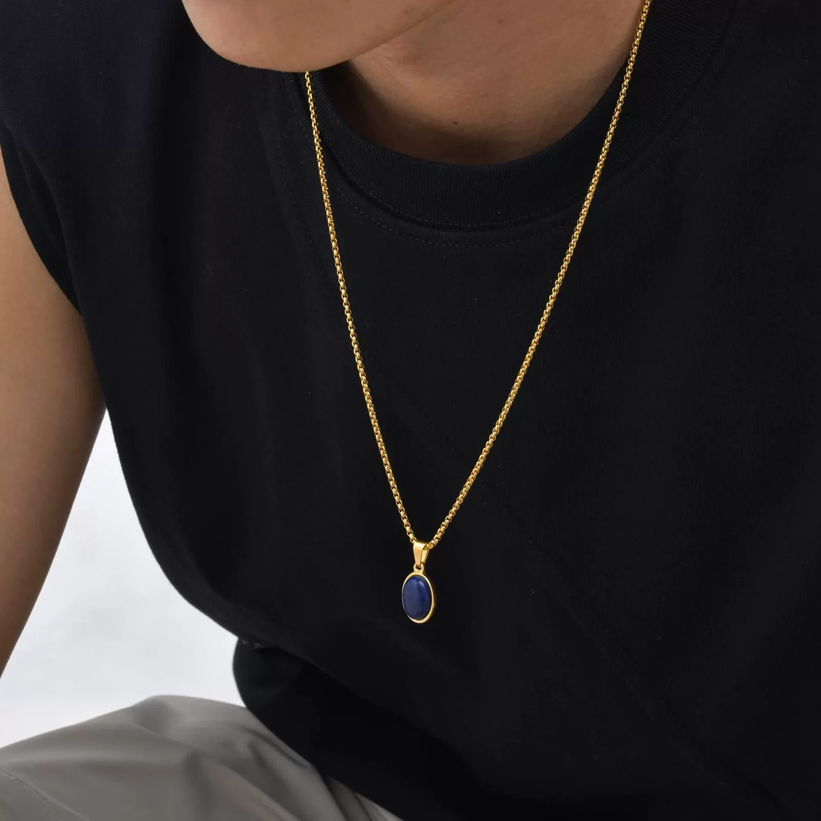 Unisex Retro Fashion Jewelry Stainless Steel Geometric Oval Natural Stone Pendant Necklace - Image 13