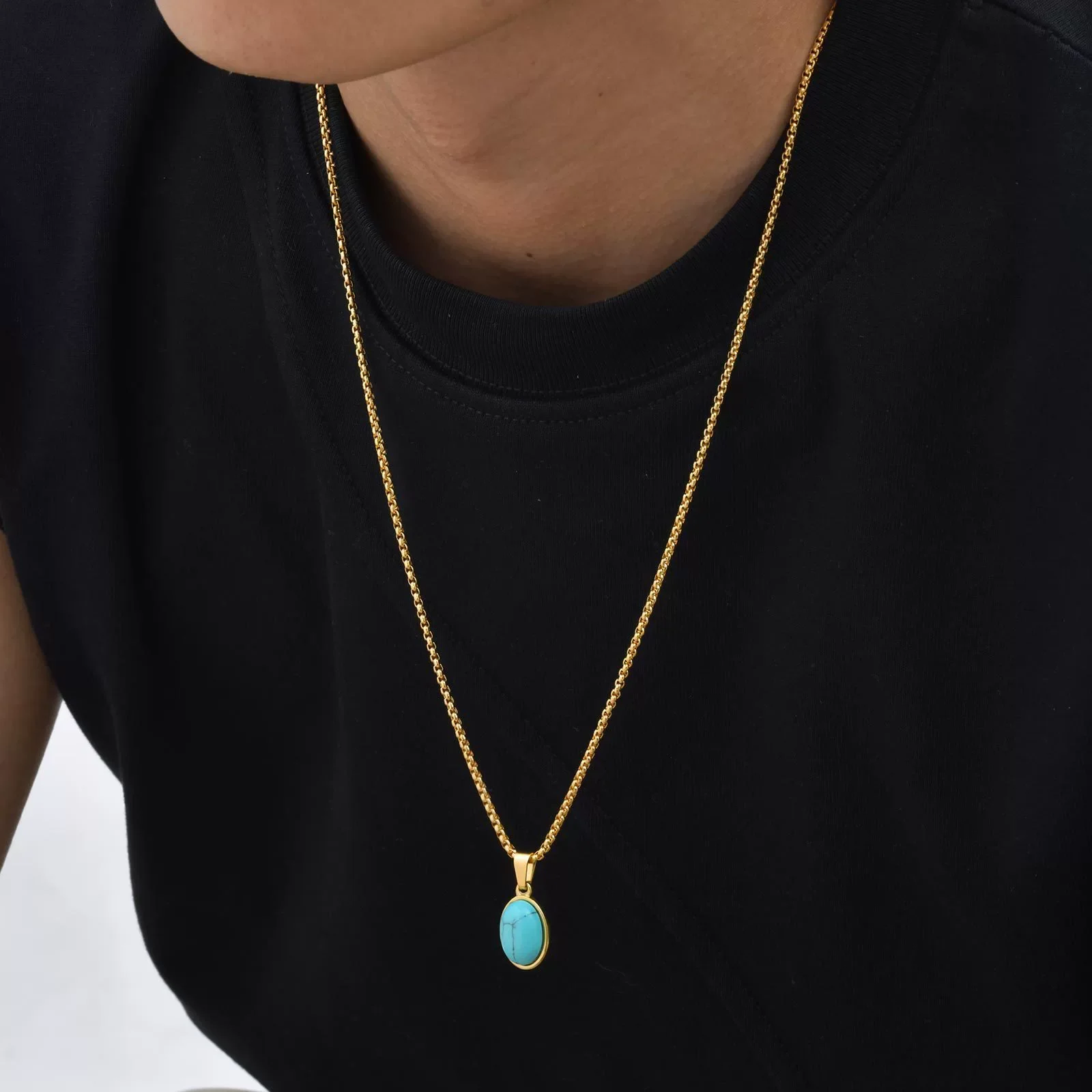 Unisex Retro Fashion Jewelry Stainless Steel Geometric Oval Natural Stone Pendant Necklace - Image 15