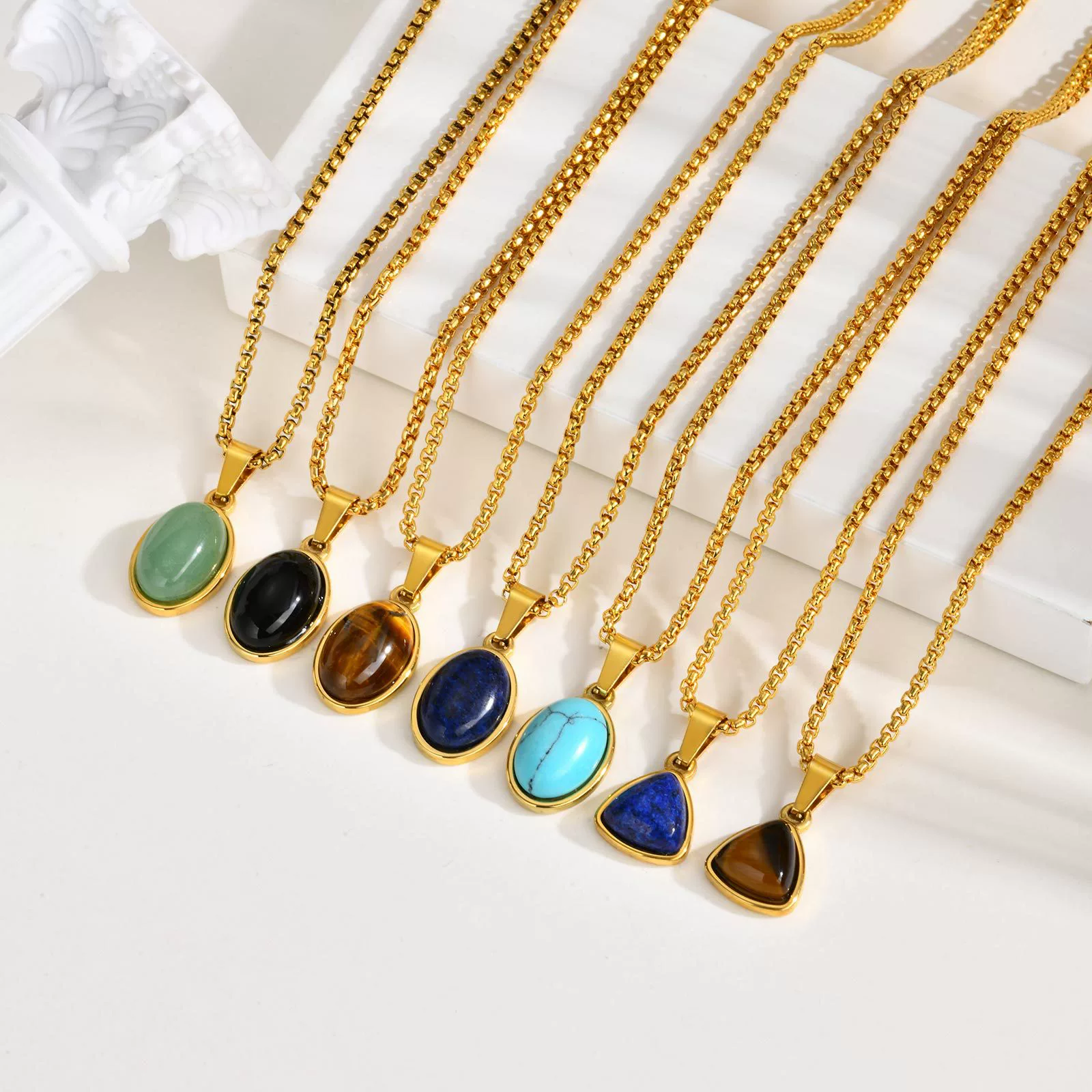 Unisex Retro Fashion Jewelry Stainless Steel Geometric Oval Natural Stone Pendant Necklace - Image 2