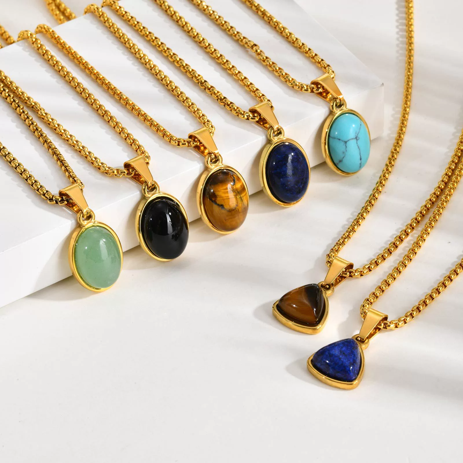 Unisex Retro Fashion Jewelry Stainless Steel Geometric Oval Natural Stone Pendant Necklace - Image 3