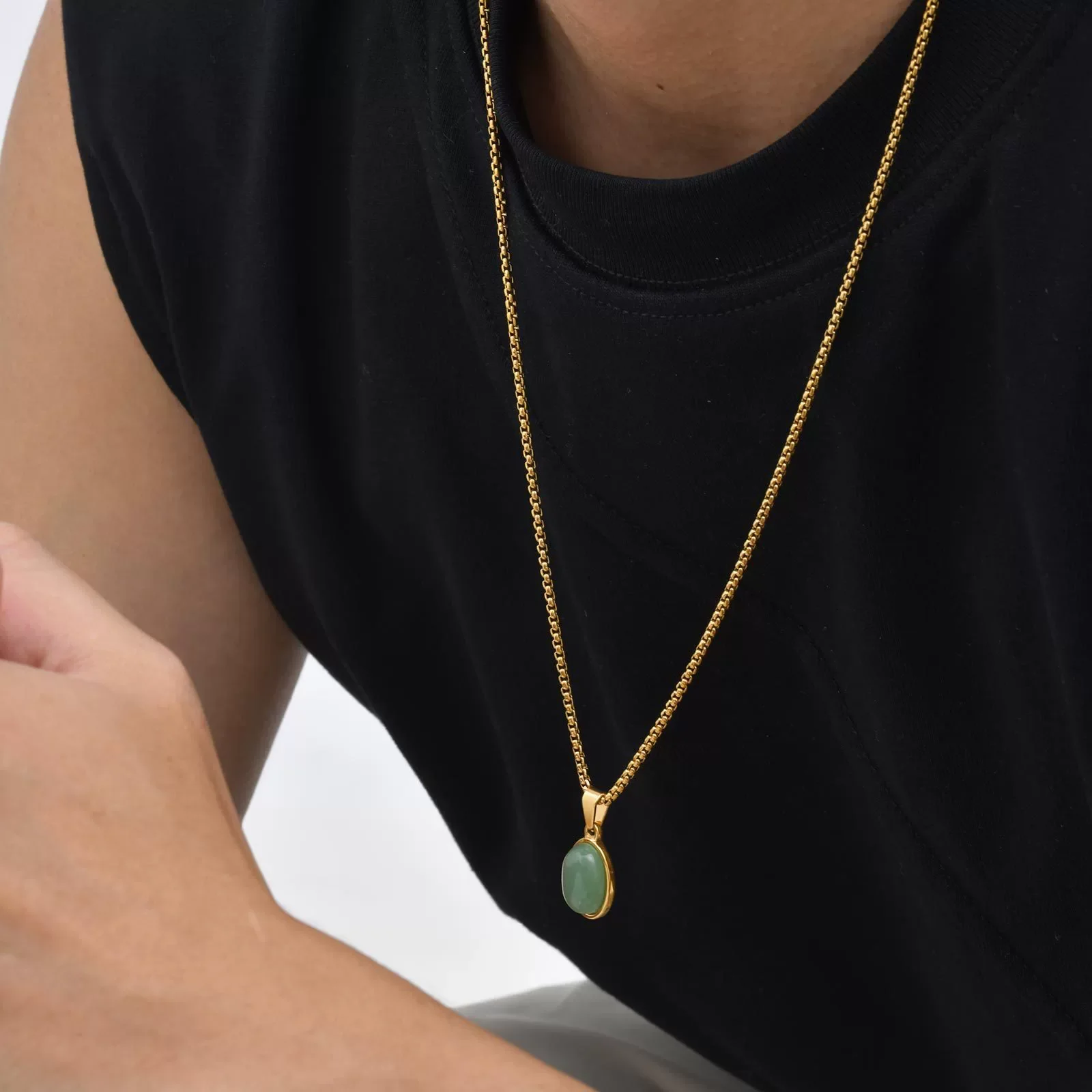 Unisex Retro Fashion Jewelry Stainless Steel Geometric Oval Natural Stone Pendant Necklace - Image 4