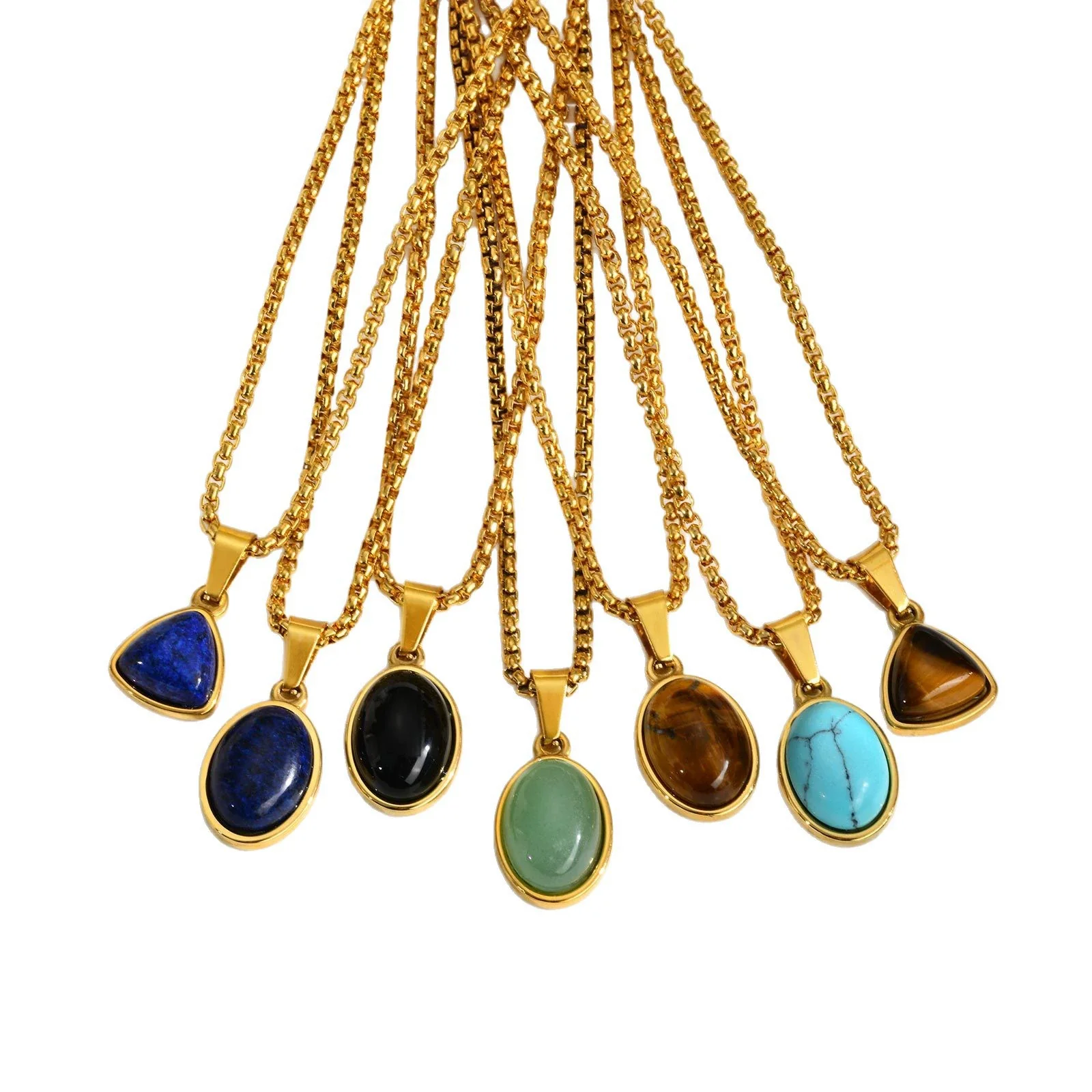 Unisex Retro Fashion Jewelry Stainless Steel Geometric Oval Natural Stone Pendant Necklace - Image 5