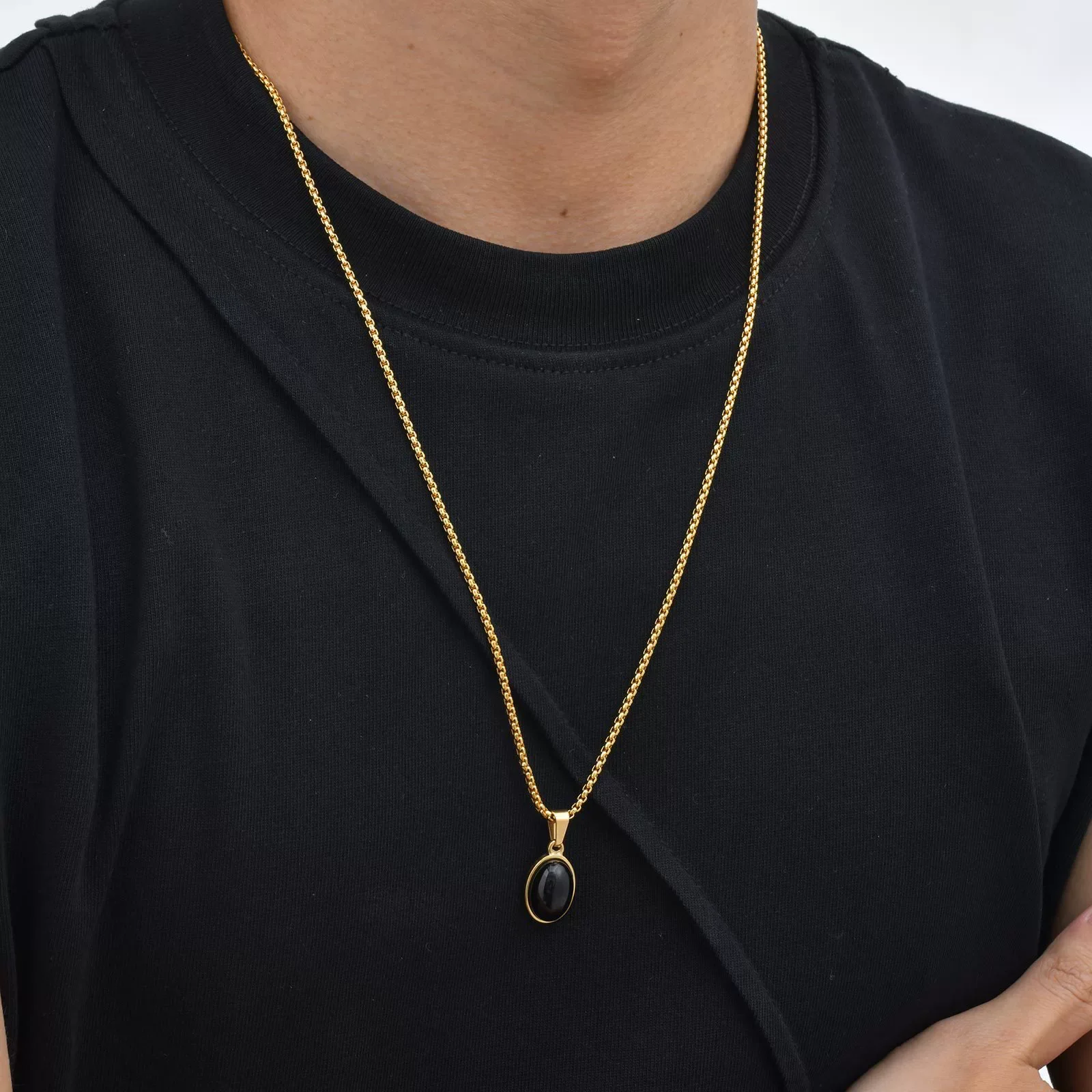 Unisex Retro Fashion Jewelry Stainless Steel Geometric Oval Natural Stone Pendant Necklace - Image 9