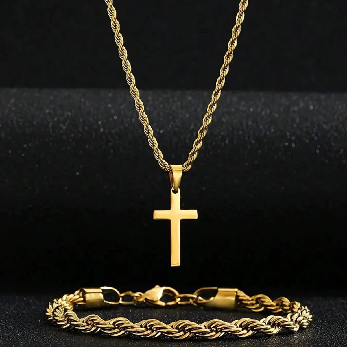 Unisex Retro Twist Chain Stainless Steel Cross Pendant Jewelry With Polishing - Image 3