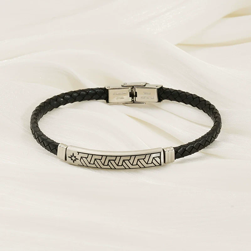 Unisex Rhombus Pattern Titanium Steel Electroplated Couple Leather Bracelet Trendy Jewelry Accessories - Image 2