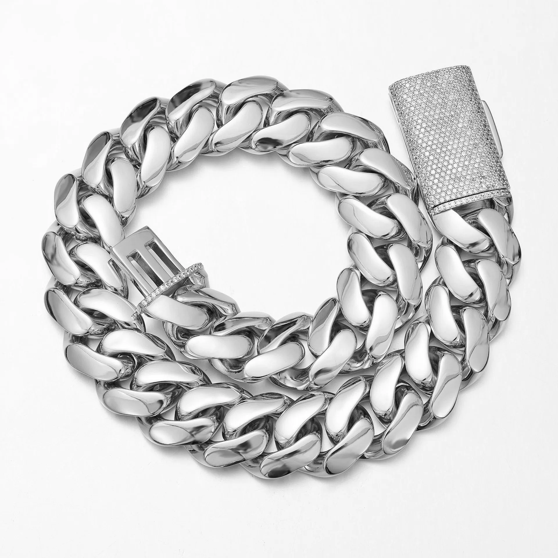 Unisex Stainless Steel Geometric Cuban Chain Necklace Polished With Zircon Diamond Buckle - Image 4