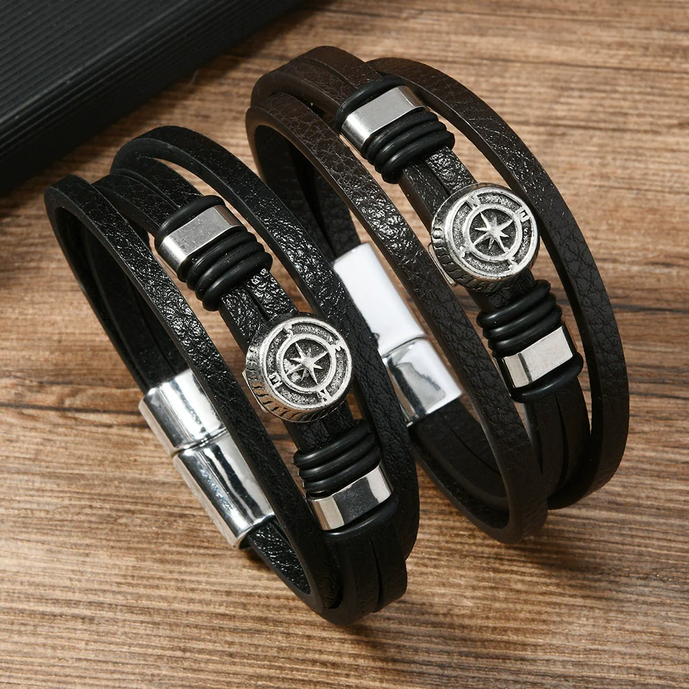 Unisex Vintage Punk Style Zinc Alloy Geometric Compass Magnetic Buckle Leather Bracelet With Electroplating