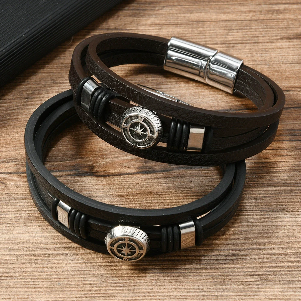 Unisex Vintage Punk Style Zinc Alloy Geometric Compass Magnetic Buckle Leather Bracelet With Electroplating - Image 2