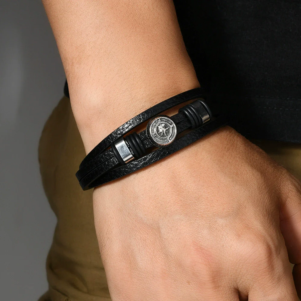 Unisex Vintage Punk Style Zinc Alloy Geometric Compass Magnetic Buckle Leather Bracelet With Electroplating - Image 4