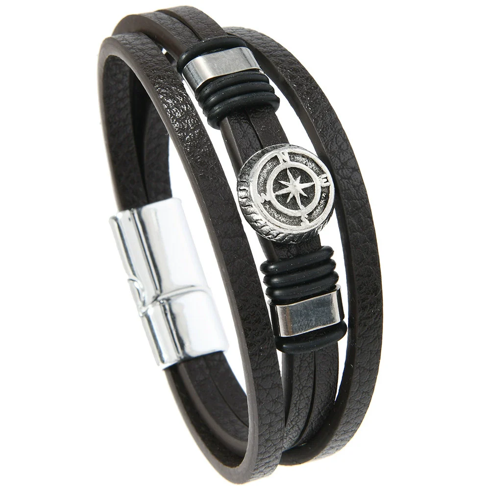Unisex Vintage Punk Style Zinc Alloy Geometric Compass Magnetic Buckle Leather Bracelet With Electroplating - Image 6