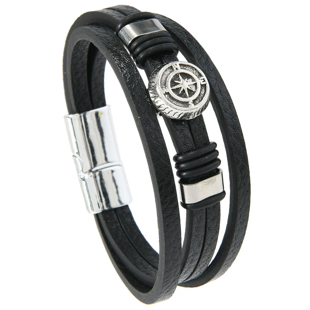 Unisex Vintage Punk Style Zinc Alloy Geometric Compass Magnetic Buckle Leather Bracelet With Electroplating - Image 7