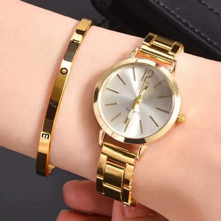 Universal Casual Alloy Case Round Dial Quartz Watch With Steel Band And Ordinary Glass Mirror
