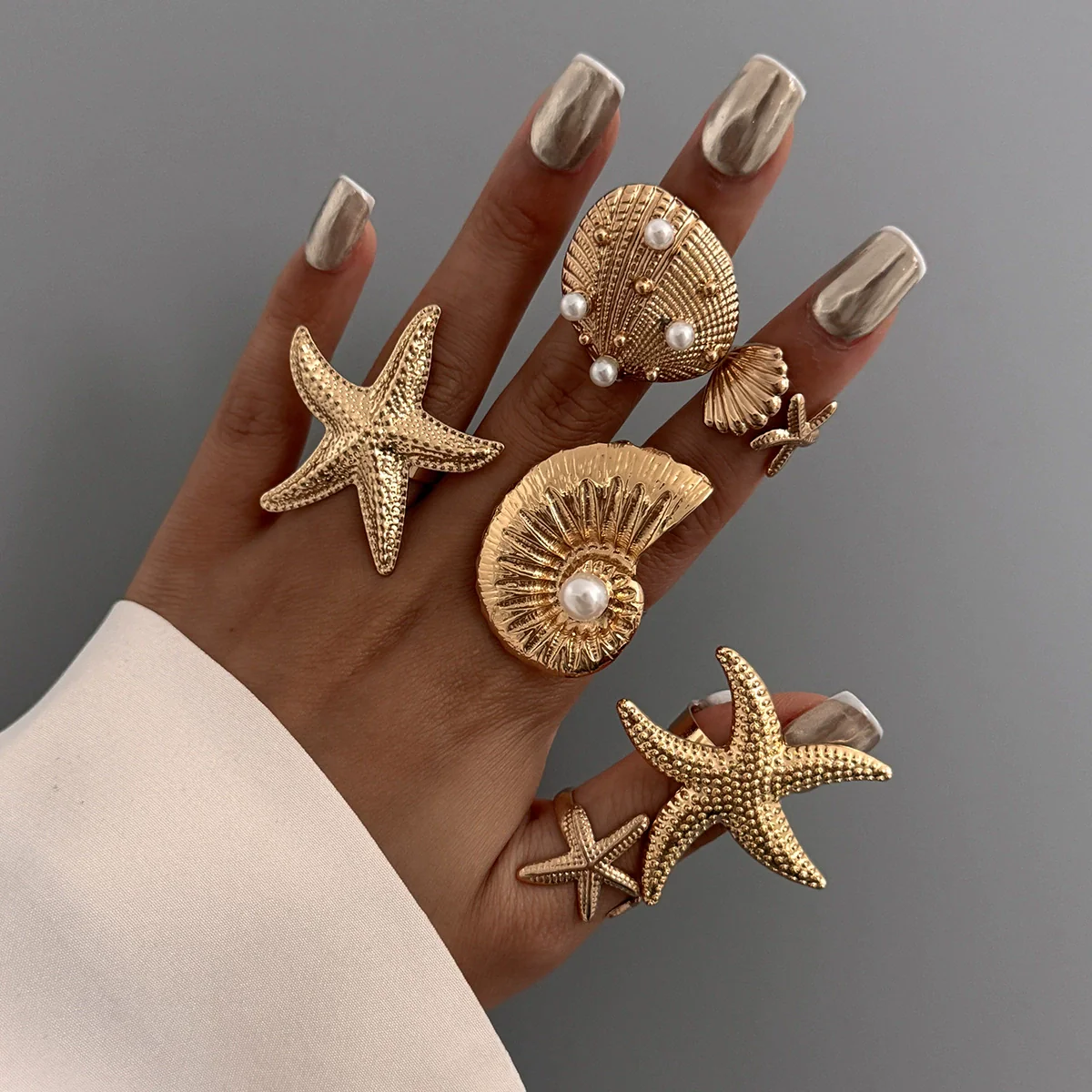 Vacation Style Metal Geometric Starfish Opening Ring Set For Women With Electroplating - Image 10