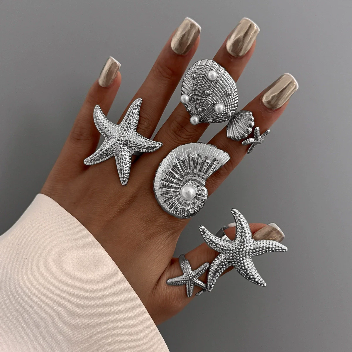 Vacation Style Metal Geometric Starfish Opening Ring Set For Women With Electroplating - Image 11