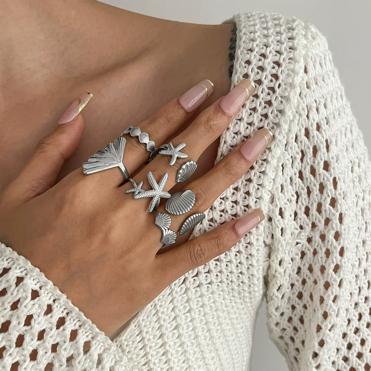 Vacation Style Metal Geometric Starfish Opening Ring Set For Women With Electroplating - Image 2