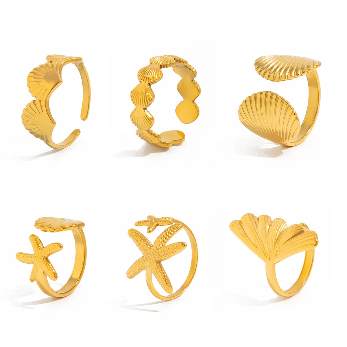 Vacation Style Metal Geometric Starfish Opening Ring Set For Women With Electroplating - Image 5