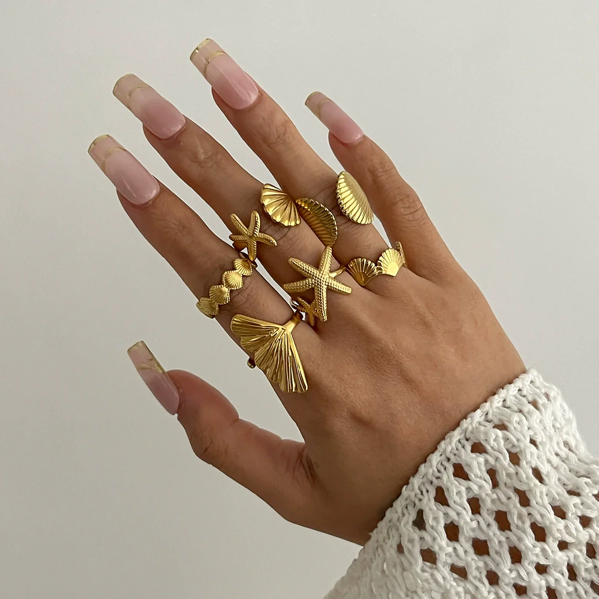 Vacation Style Metal Geometric Starfish Opening Ring Set For Women With Electroplating - Image 6
