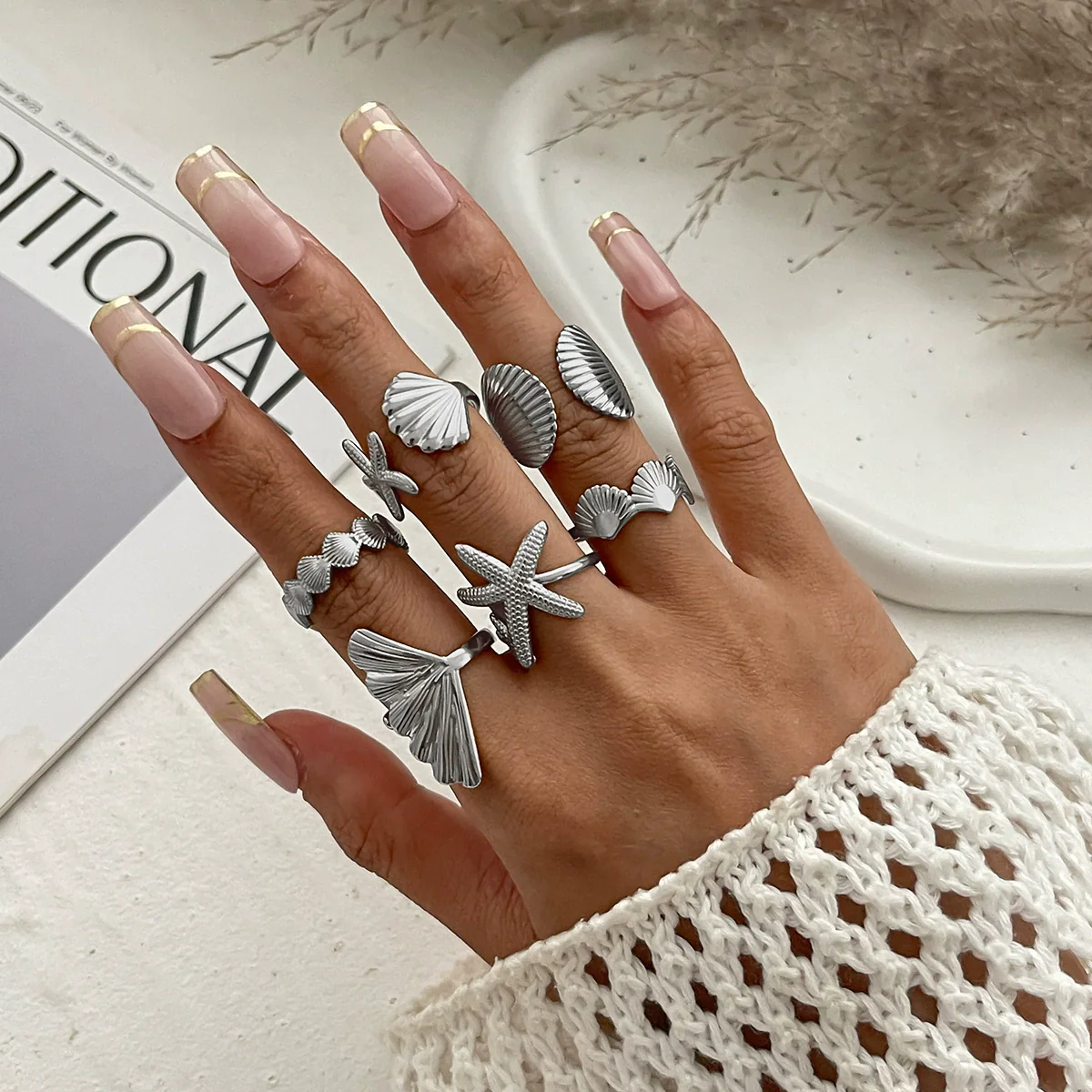 Vacation Style Metal Geometric Starfish Opening Ring Set For Women With Electroplating - Image 7