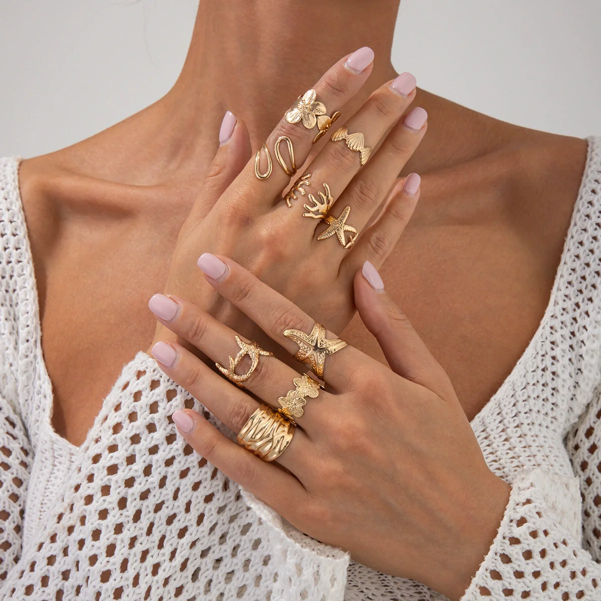 Vacation Style Metal Geometric Starfish Opening Ring Set For Women With Electroplating - Image 8