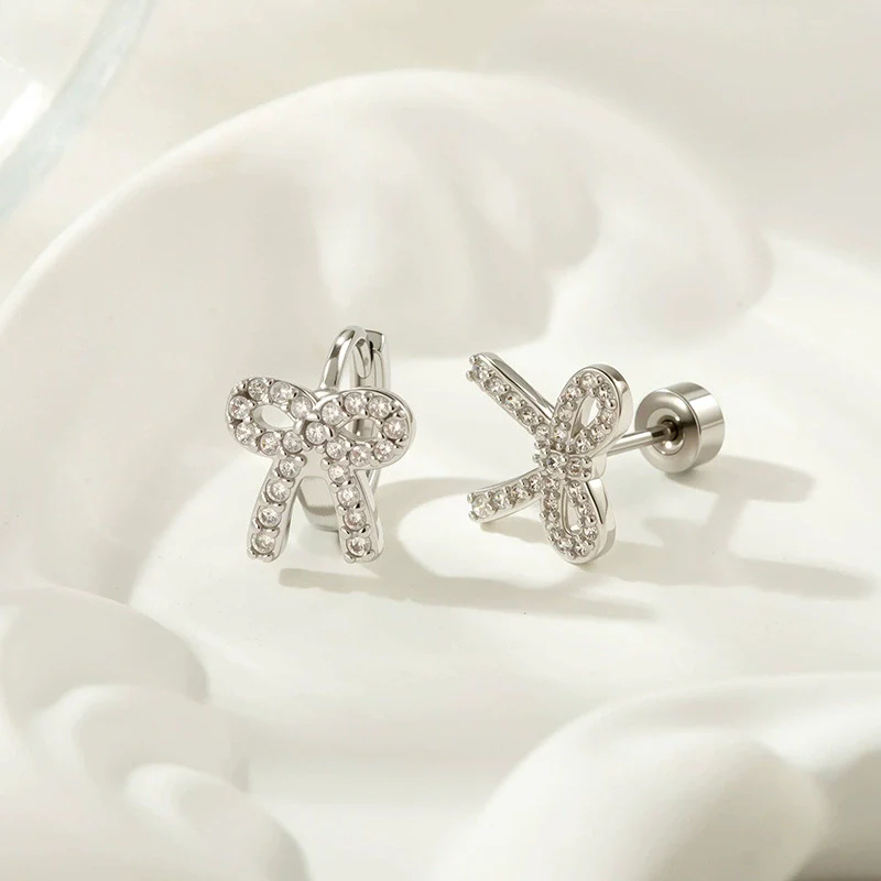 Versatile Bow Star Shape Titanium Steel Earrings With Zirconia For Girls And Boys
