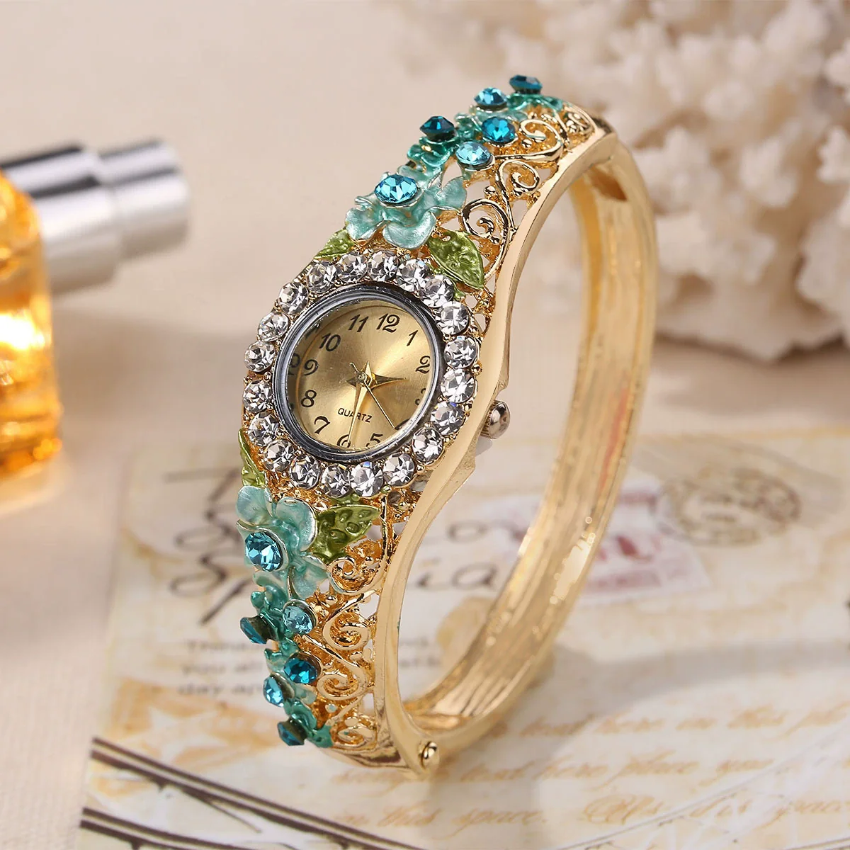 Vintage Cloisonne 3D Flower Blooming Women's Alloy Wrist Watch And Fashion Bracelet - Image 11