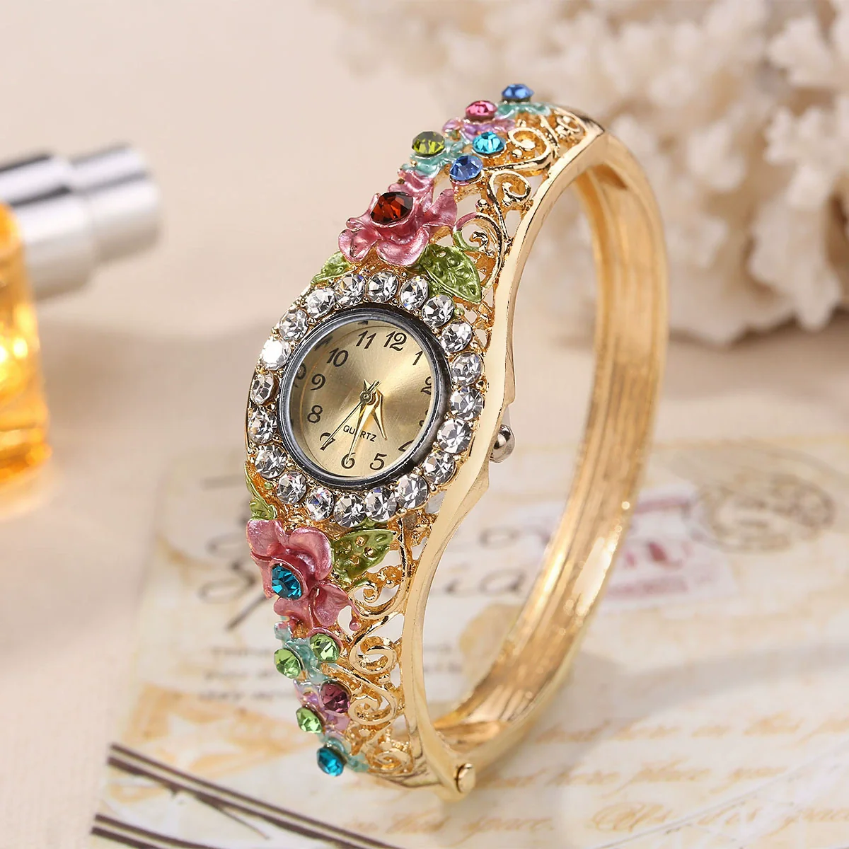 Vintage Cloisonne 3D Flower Blooming Women's Alloy Wrist Watch And Fashion Bracelet - Image 4