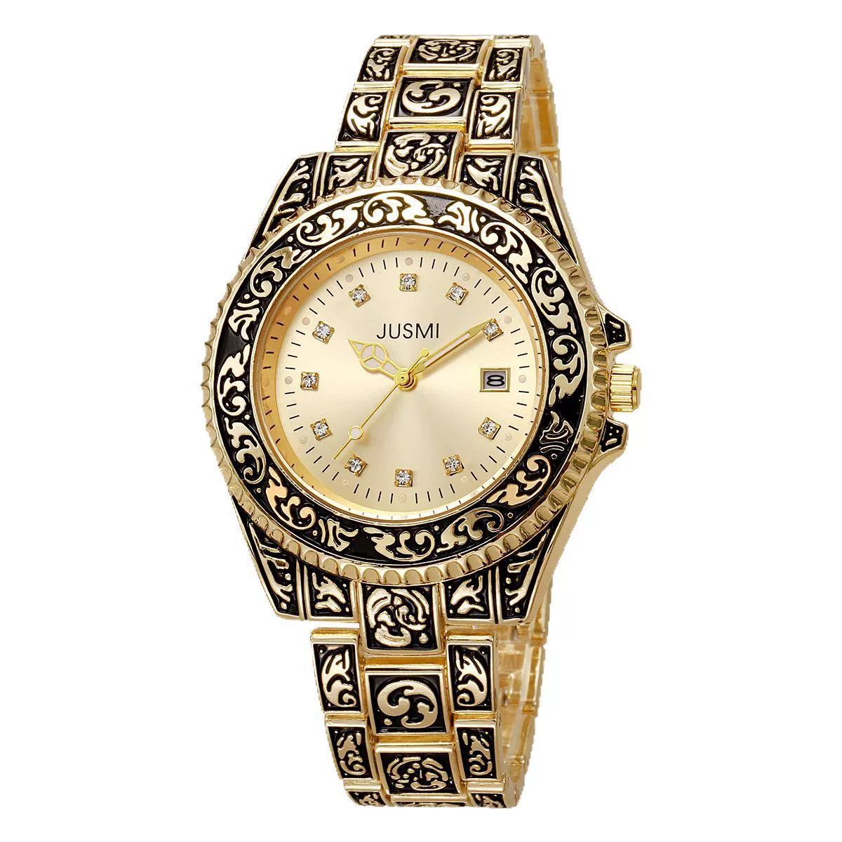 Vintage Fashion Gold Alloy And Stainless Steel Carved Round Dial Men's Quartz Watch - Image 4