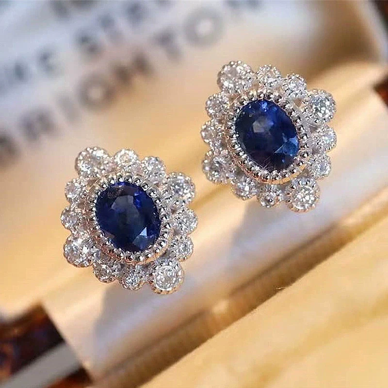Vintage Flowershaped Copper Earrings With Diamond Sapphire Blue Zircon For Women