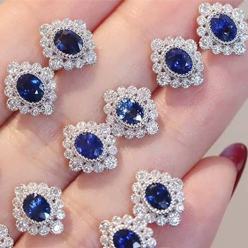 Vintage Flowershaped Copper Earrings With Diamond Sapphire Blue Zircon For Women - Image 2