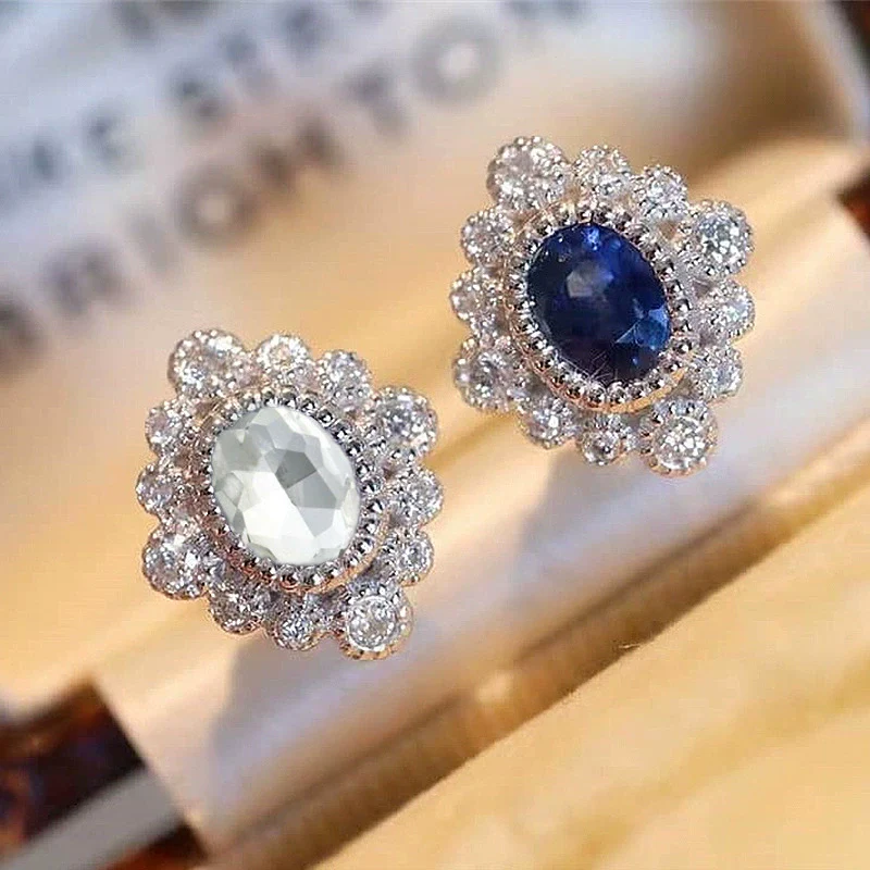 Vintage Flowershaped Copper Earrings With Diamond Sapphire Blue Zircon For Women - Image 3