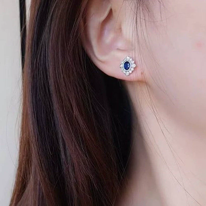 Vintage Flowershaped Copper Earrings With Diamond Sapphire Blue Zircon For Women - Image 4