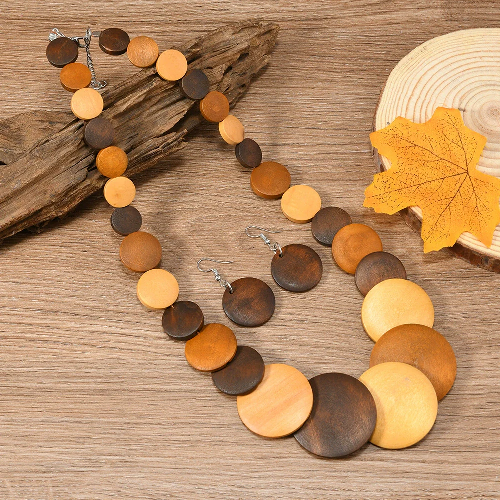 Vintage Geometric Handmade Leather And Wooden Beads Women's Pendant Necklace And Earrings Set