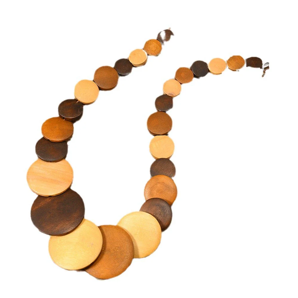 Vintage Geometric Handmade Leather And Wooden Beads Women's Pendant Necklace And Earrings Set - Image 5