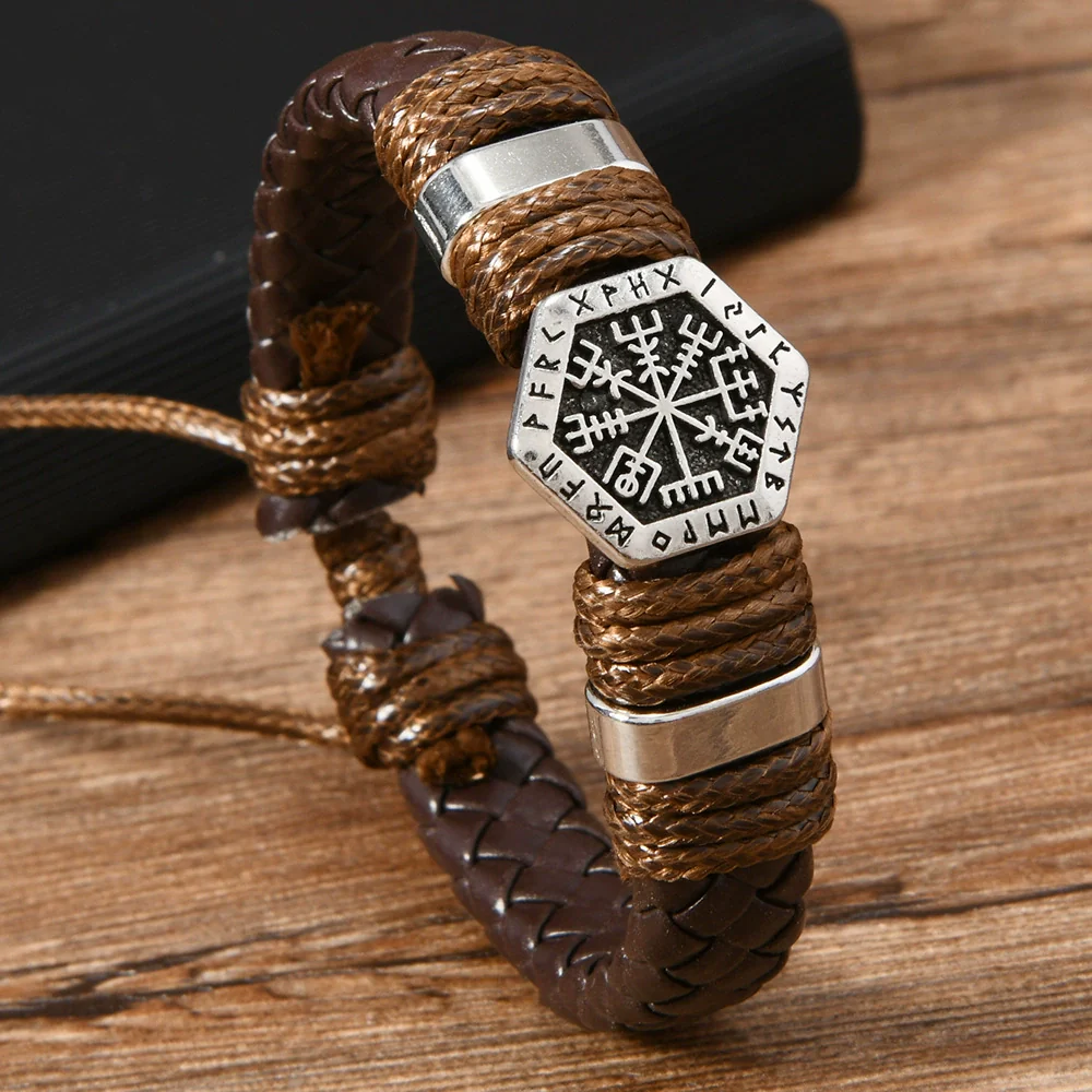 Vintage Handwoven Beaded Metal Scripture Leather Unisex Bracelet Geometric Pattern Handmade - Image 2