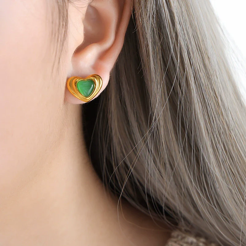 Vintage Heart Shape Emerald Glass Stone Cat's Eye Pendant Titanium Steel Jewelry Set With Electroplating - Image 5