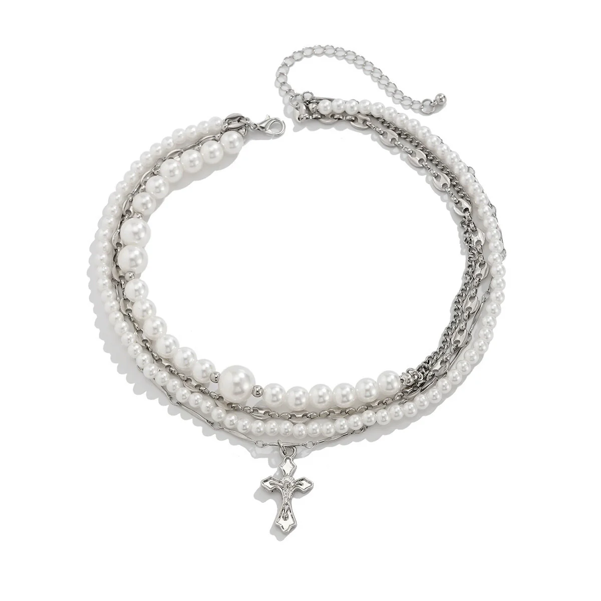 Vintage Imitation Pearl Beaded Hip Hop Rivet Cross Women's Necklace Choker Alloy Pendant Electroplated - Image 5
