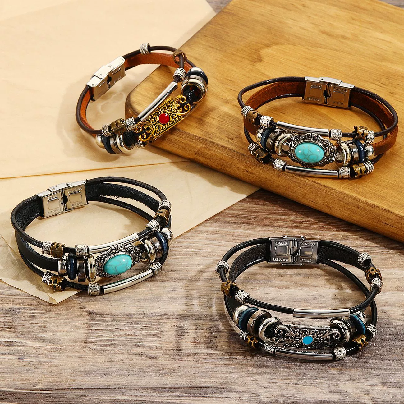 Vintage Leather Bracelet Geometric Style Electroplating Unisex - Image 2