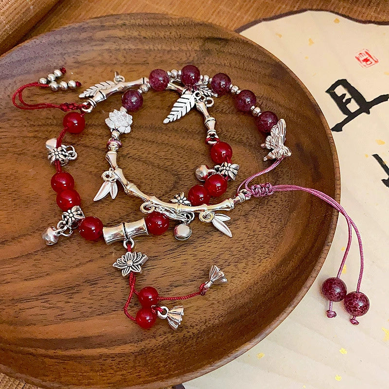 Vintage Red Beaded Alloy Flower Pattern Electroplated Women's Bracelet - Image 4