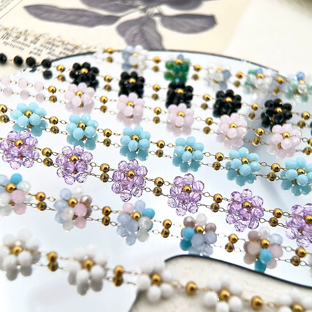 Vintage Small Fresh Daisy Flower Stainless Steel Woven Crystal Chain Electroplated Bracelet Necklace - Image 5