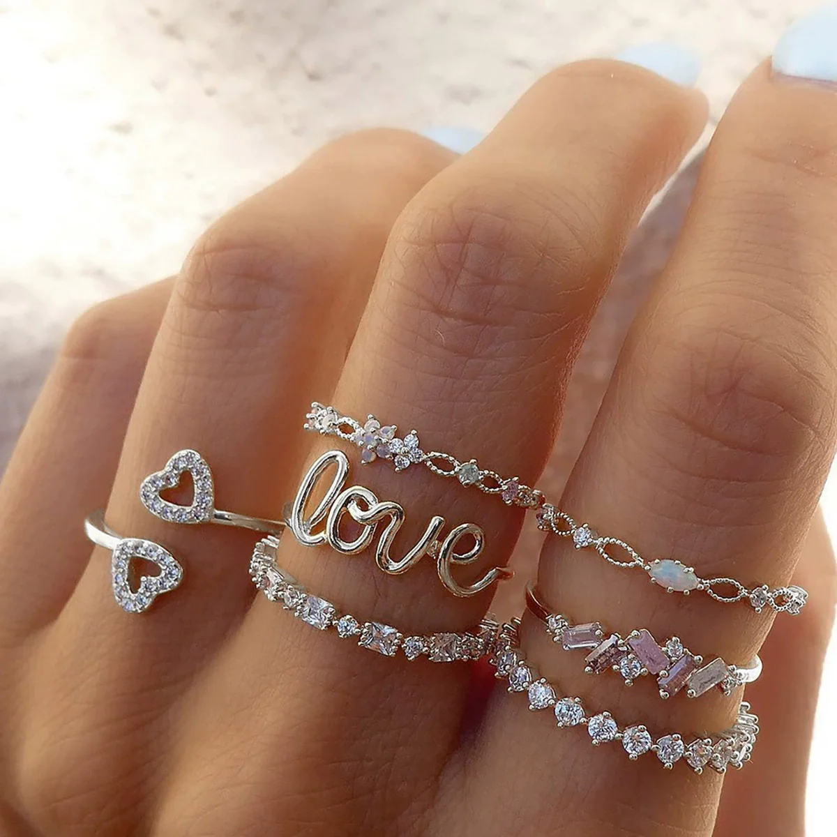 Vintage Women's Star And Moon Ring Set With Rhinestones And Love Letter Geometric Pattern Electroplated