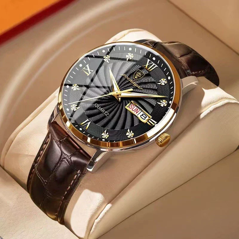 Watch Alloy Genuine Leather Mineral Strengthened Glass Mirror Business Style Round Dial Male