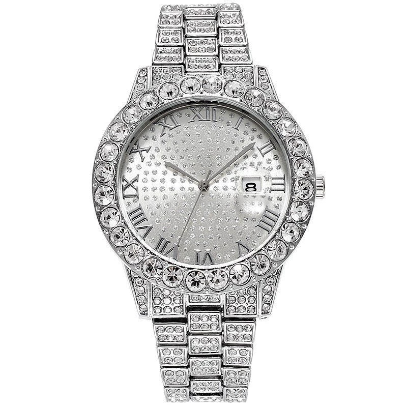 Watch Alloy Steel Strip Round Quartz Fashion Men's Diamond Watch - Image 2