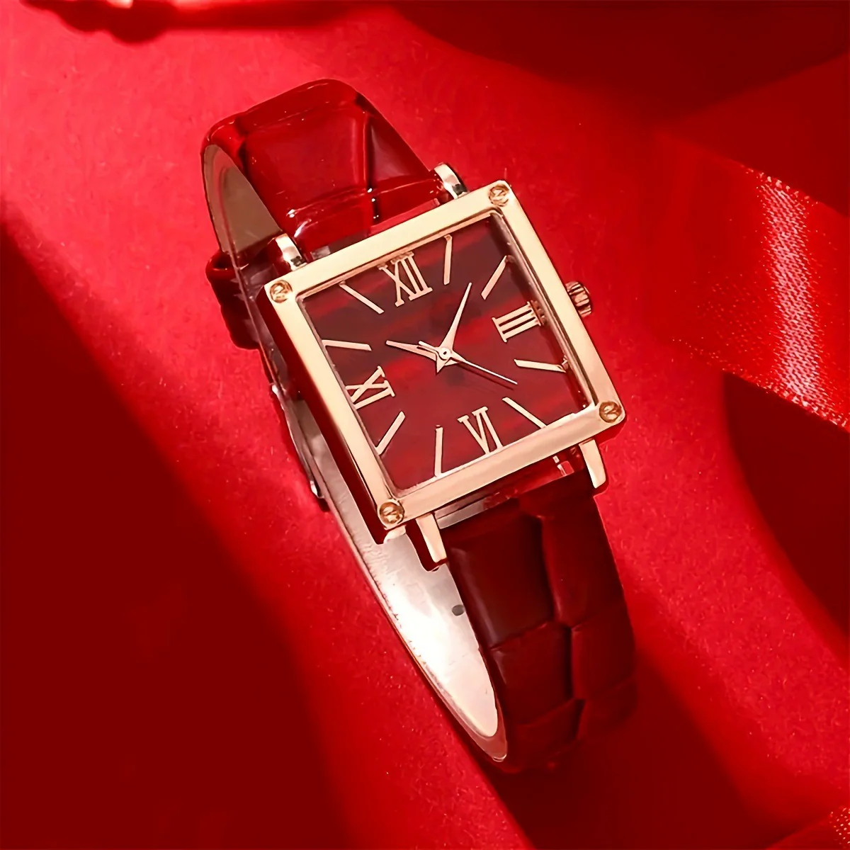 Watch Square Slub Pattern Women's Plastic Case Imitation Leather Strap Stainless Steel Buckle Quartz Watch - Image 7